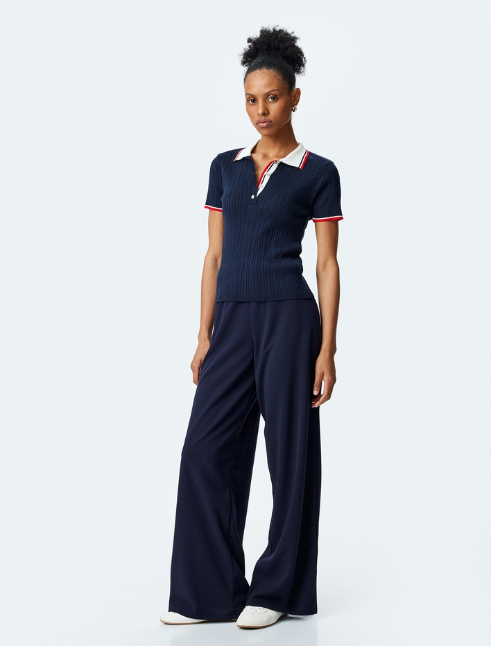  Yarım Düğmeli Kısa Kollu Çizgili Polo Yaka Triko Kazak