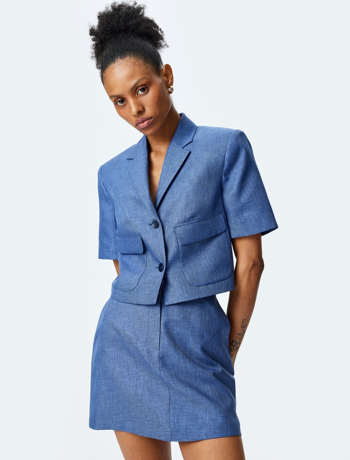  Slim Fit Cepli Düğmeli Kruvaze Kısa Kollu Crop Ceket