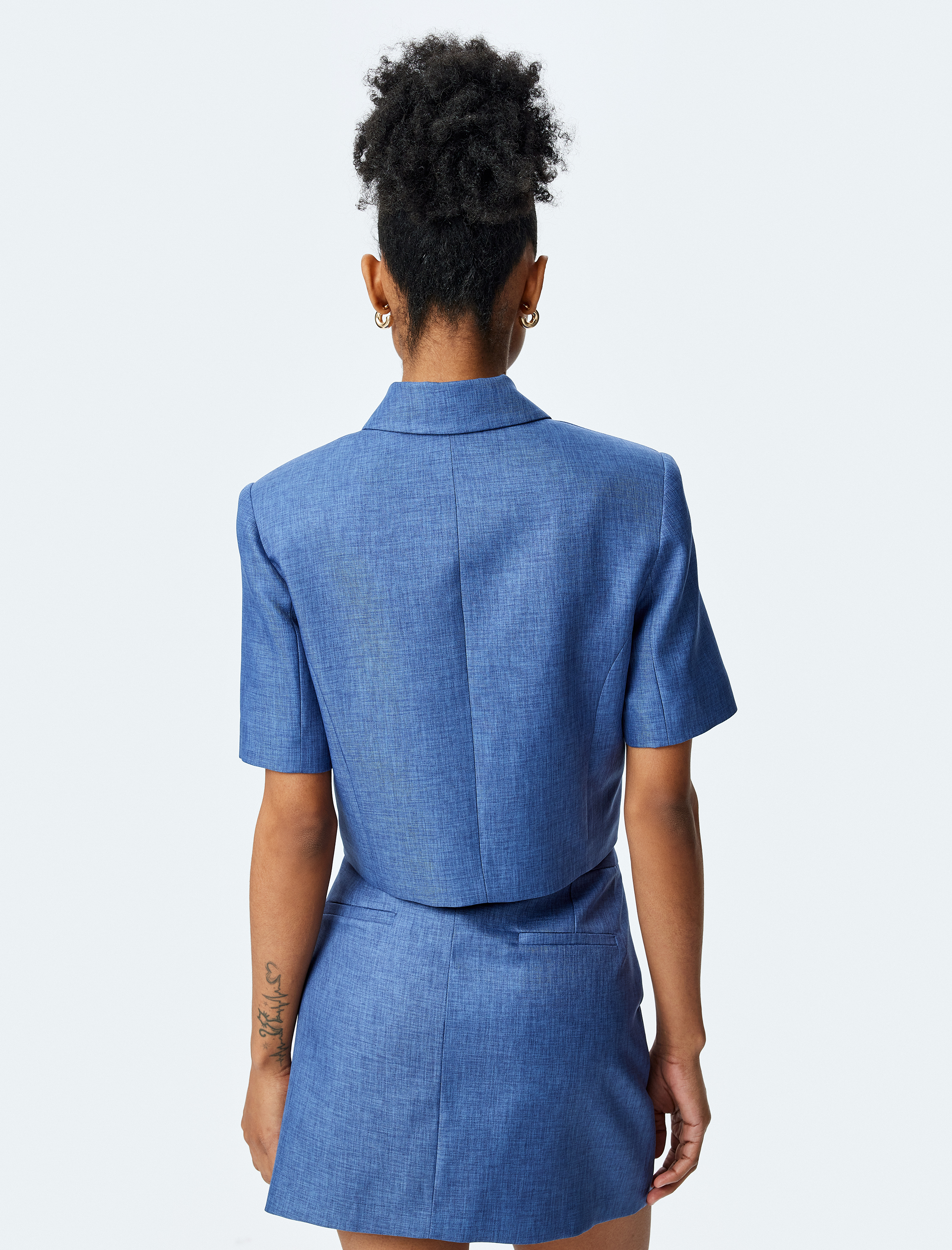   Slim Fit Cepli Düğmeli Kruvaze Kısa Kollu Crop Ceket