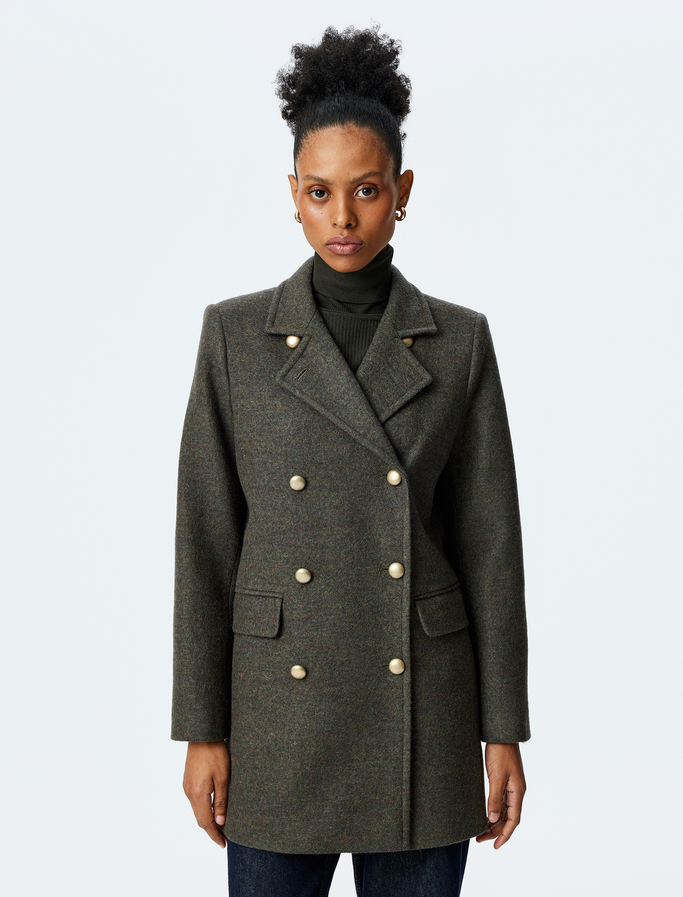   Cepli Düğmeli Uzun Kruvaze Kaban