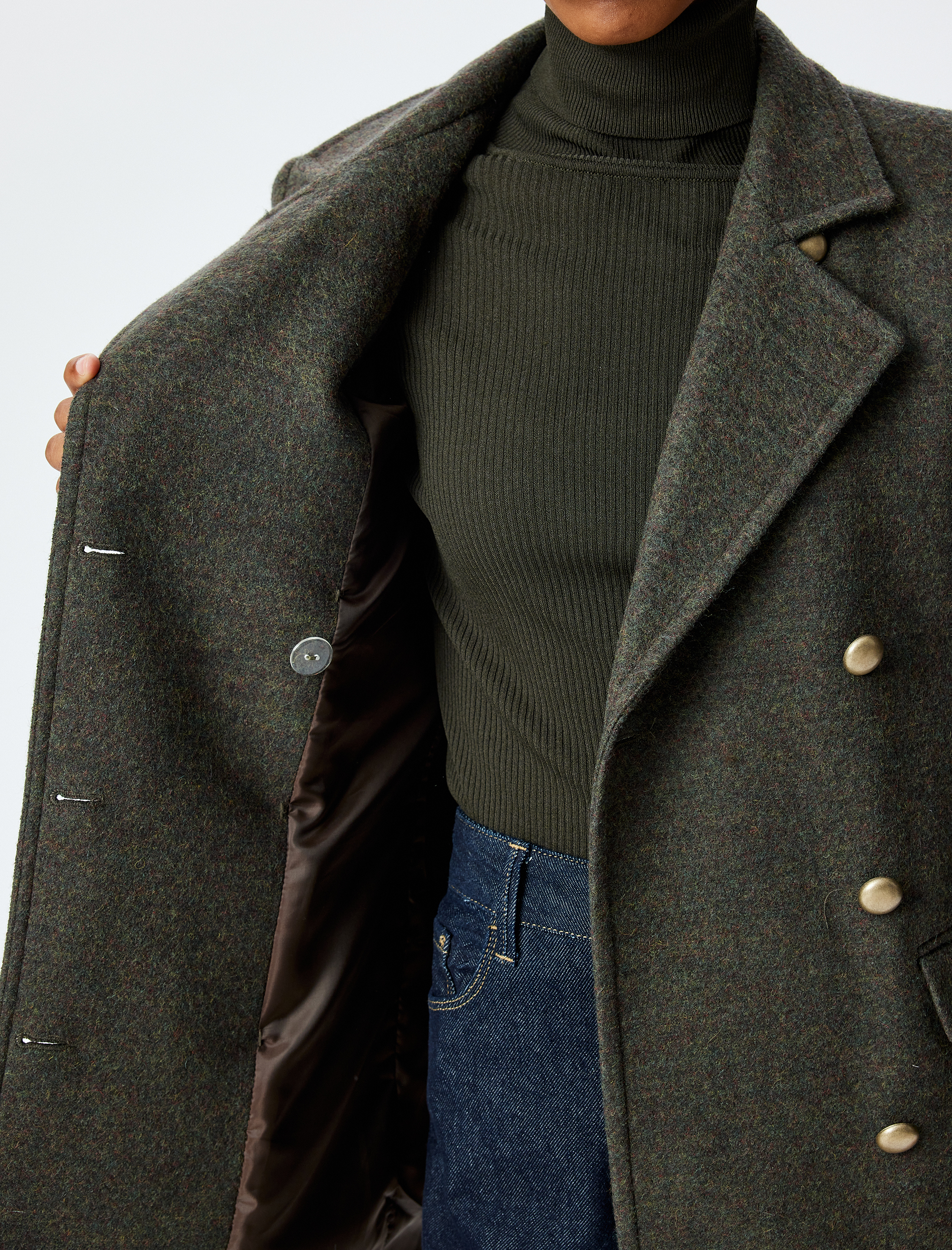   Cepli Düğmeli Uzun Kruvaze Kaban