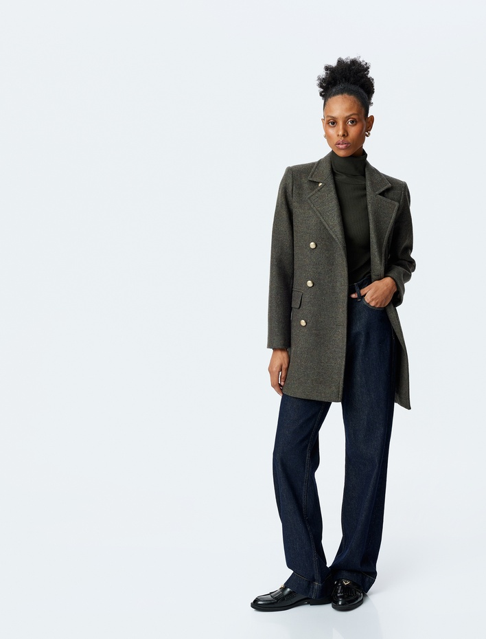  Cepli Düğmeli Uzun Kruvaze Kaban