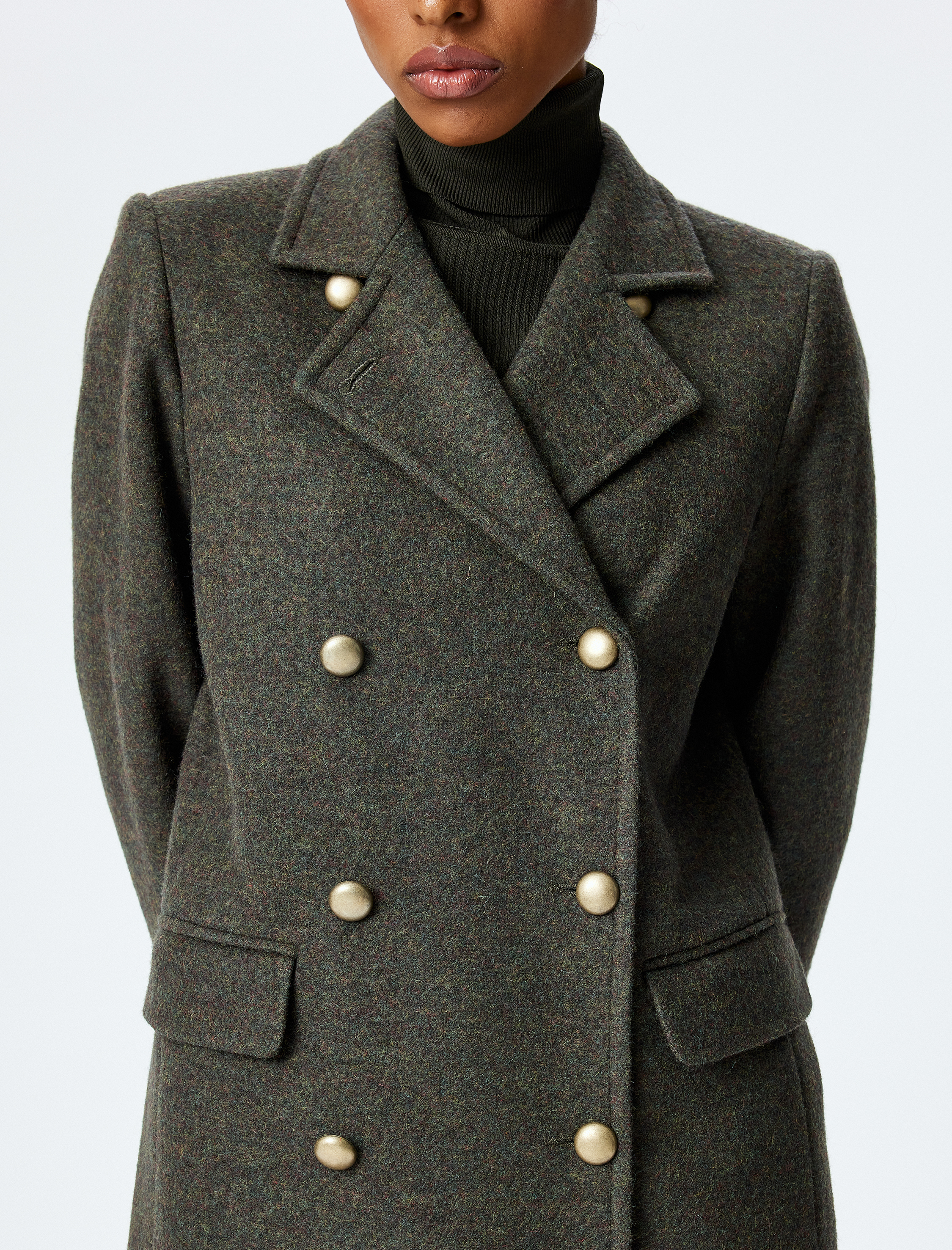   Cepli Düğmeli Uzun Kruvaze Kaban