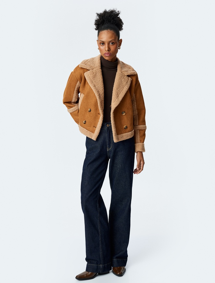  Düğmeli Yakası Peluş Detaylı Suni Süet Biker Ceket