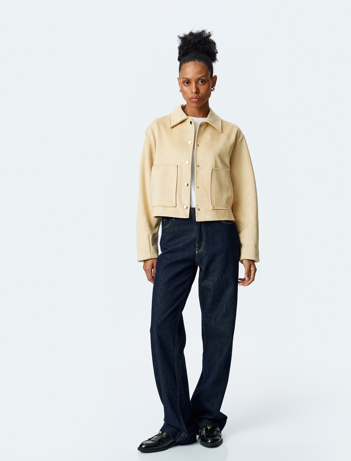  Çıtçıt Düğme Detaylı Cepli Uzun Kollu Crop Ceket