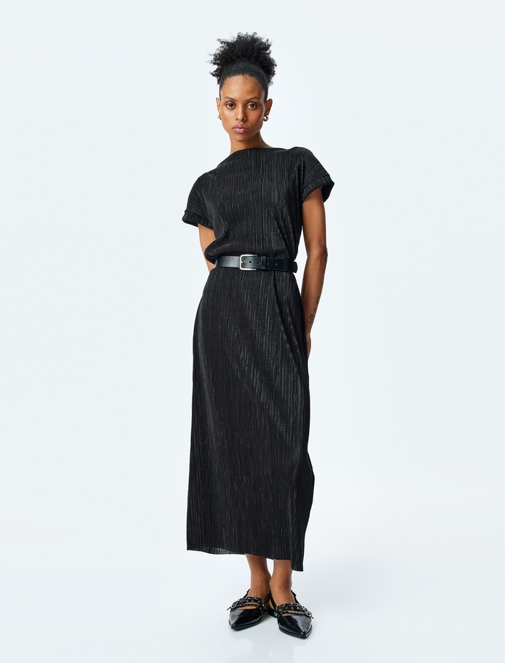  Bisiklet Yaka Kap Kol Pileli Piliseli Uzun Elbise