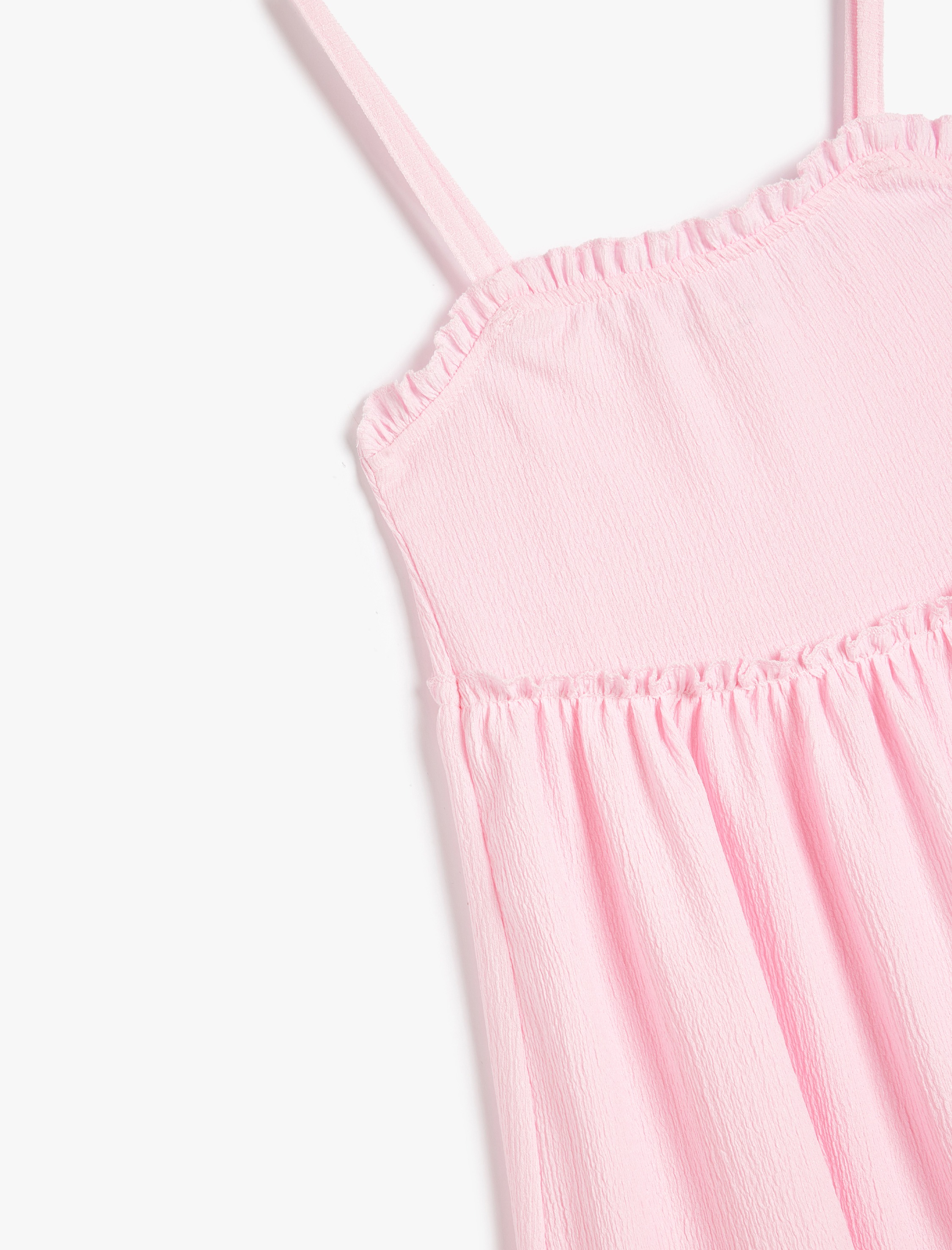  Kız Çocuk Askılı Fırfır Detaylı Katlı Midi Elbise