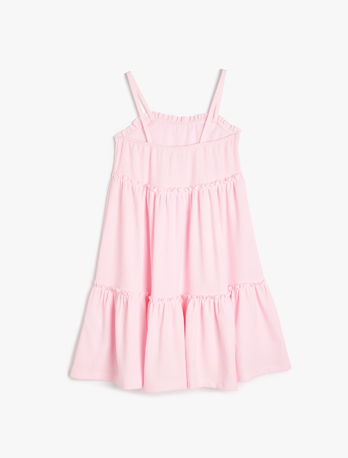 Kız Çocuk Askılı Fırfır Detaylı Katlı Midi Elbise