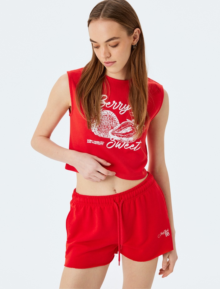  Çilek Baskılı Crop Kolsuz Bisiklet Yaka Atlet