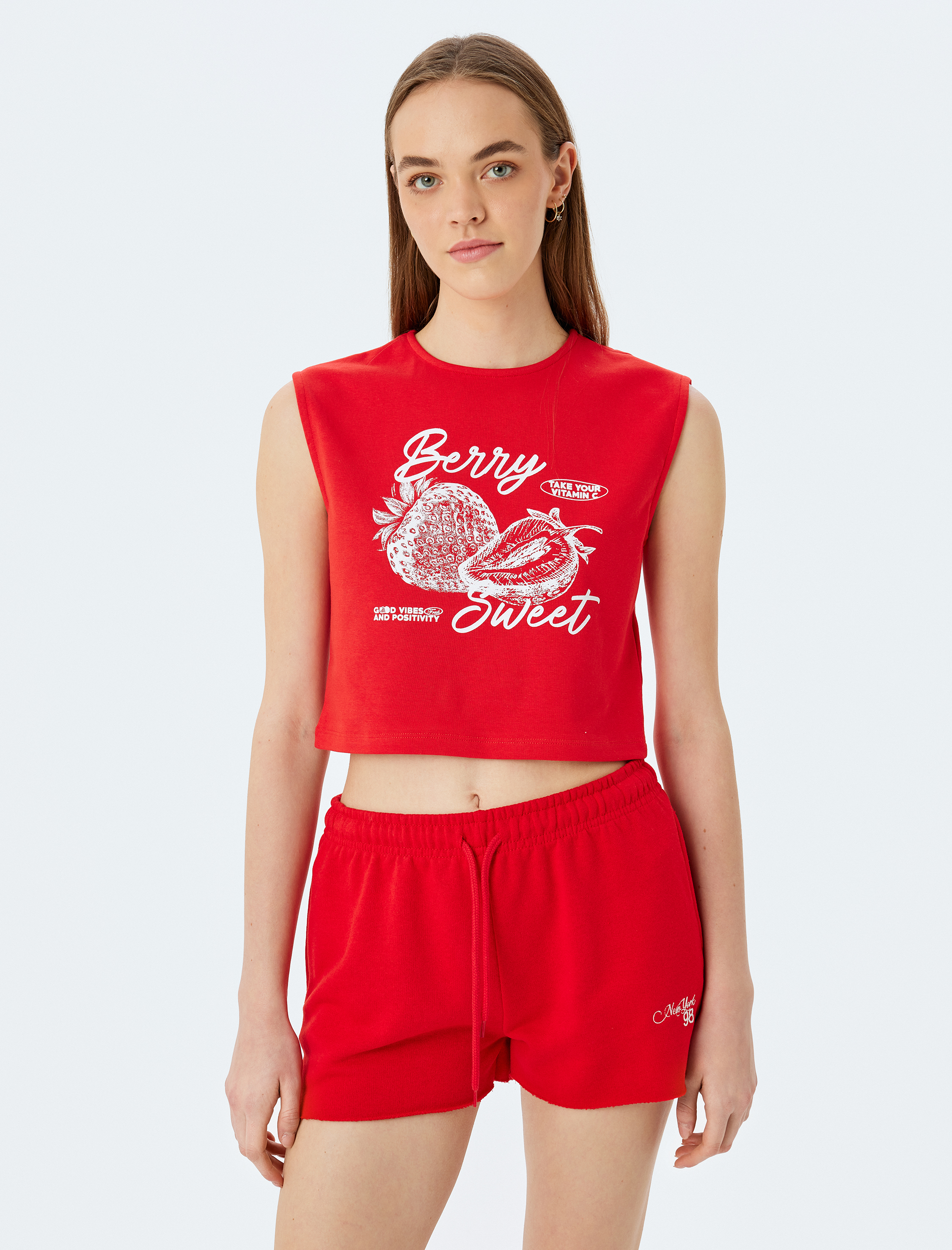   Çilek Baskılı Crop Kolsuz Bisiklet Yaka Atlet