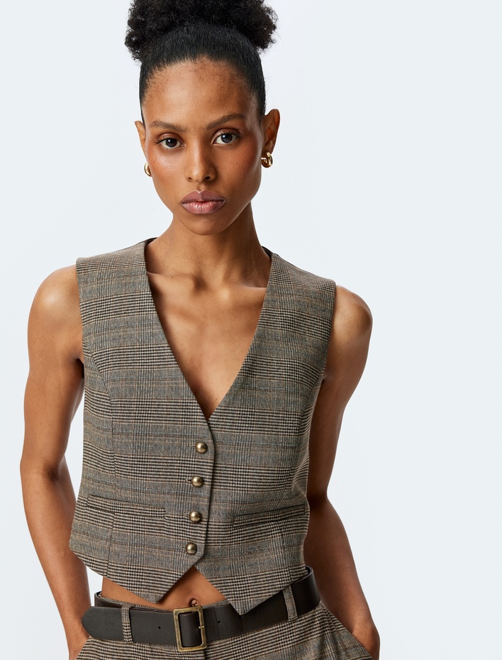  Düğmeli V Yaka Ekose Yelek