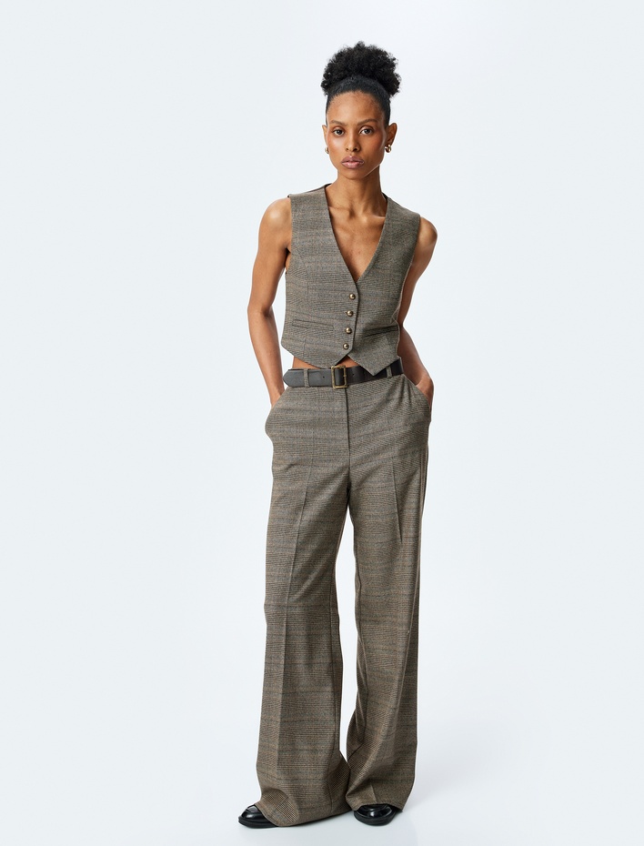  Düğmeli V Yaka Ekose Yelek