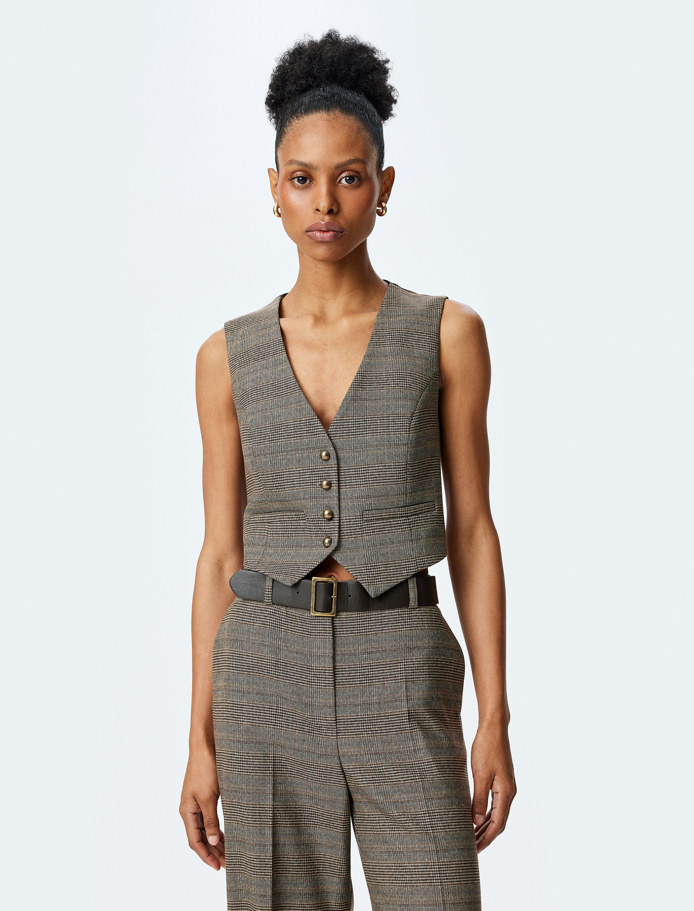   Düğmeli V Yaka Ekose Yelek