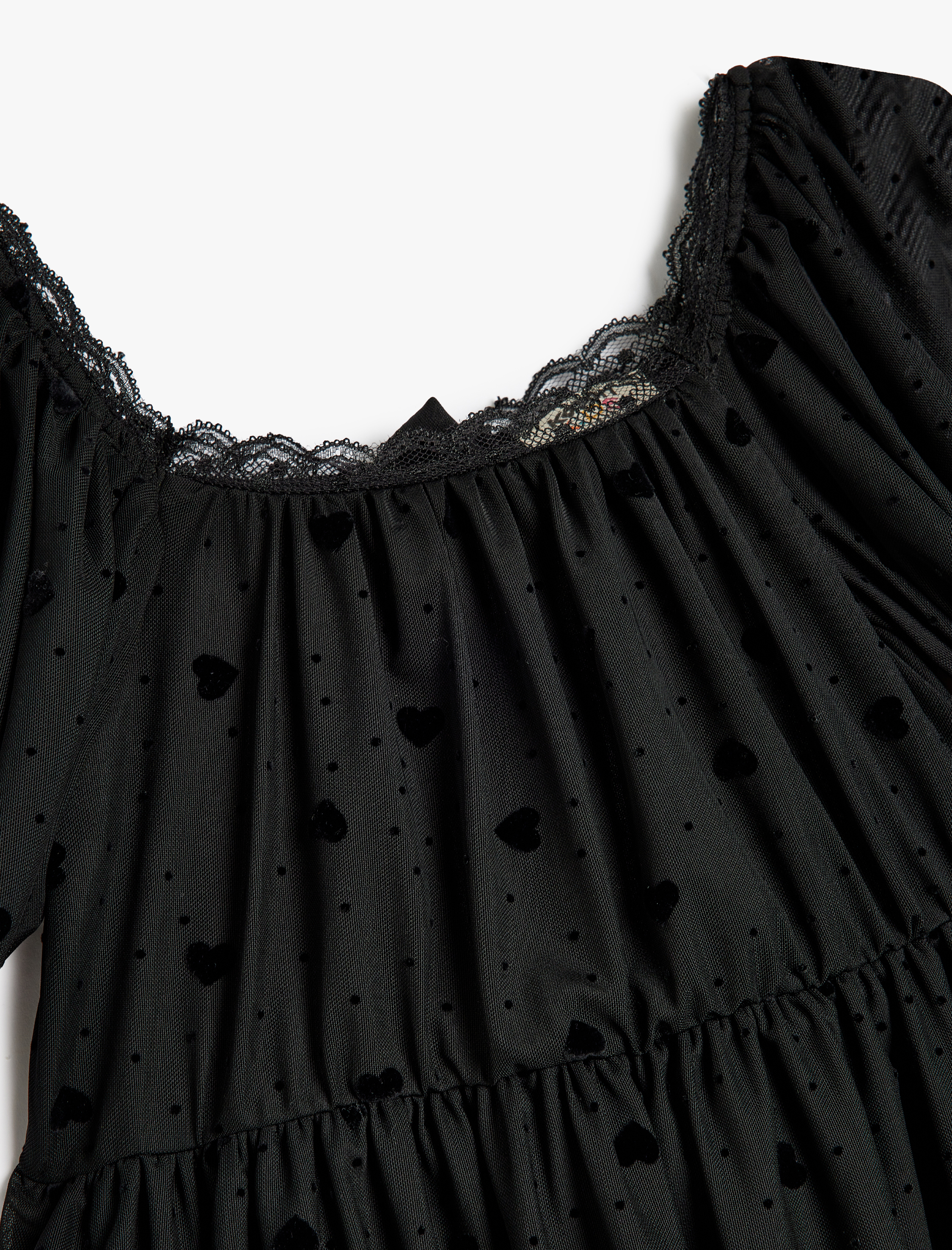 Kız Çocuk Tül Detaylı Yuvarlak Yaka Kısa Kollu Elbise