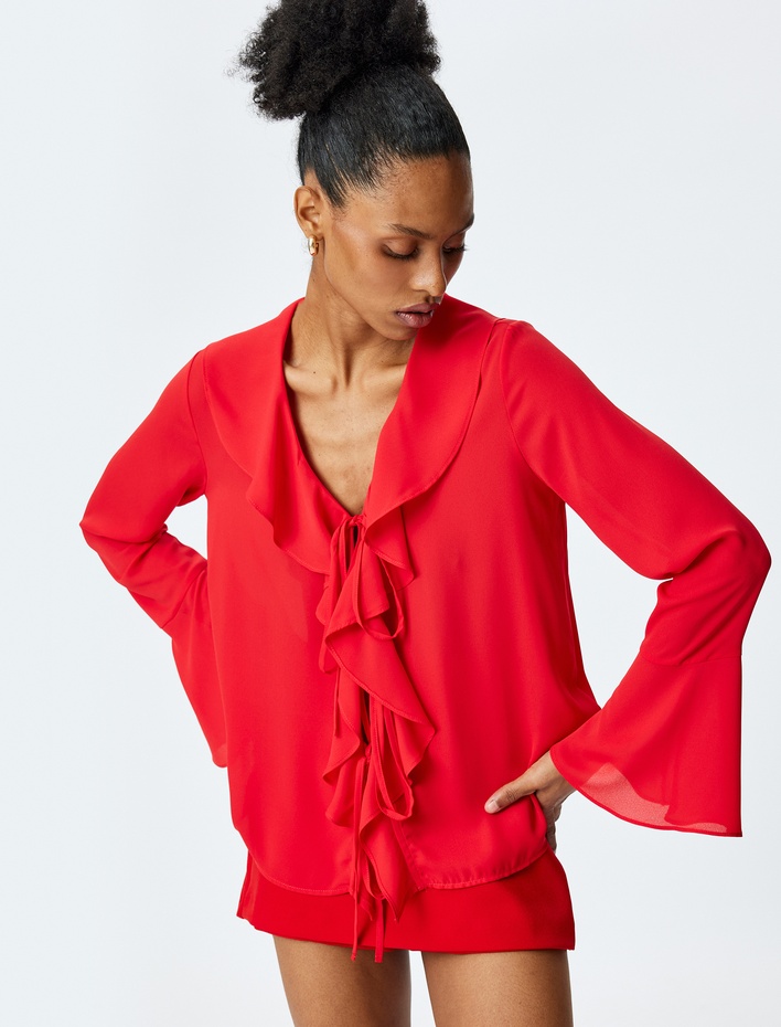  Uzun Dökümlü Kollu Önden Bağlama Detaylı Fırfırlı Gömlek