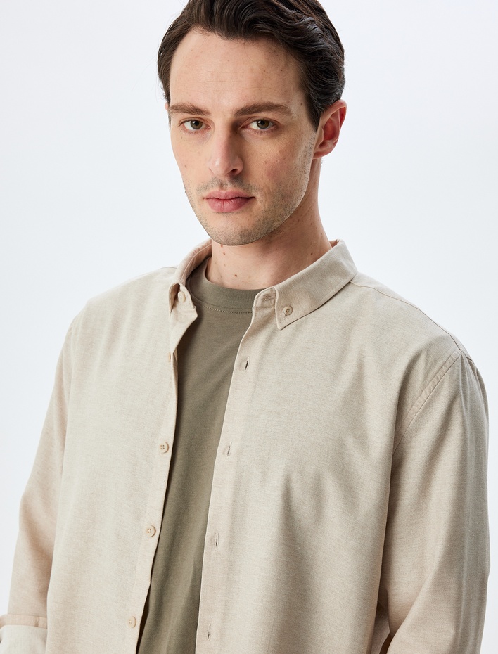  Düğmeli Yaka Uzun Kollu Pamuk Karışımlı Klasik Slim Fit Gömlek