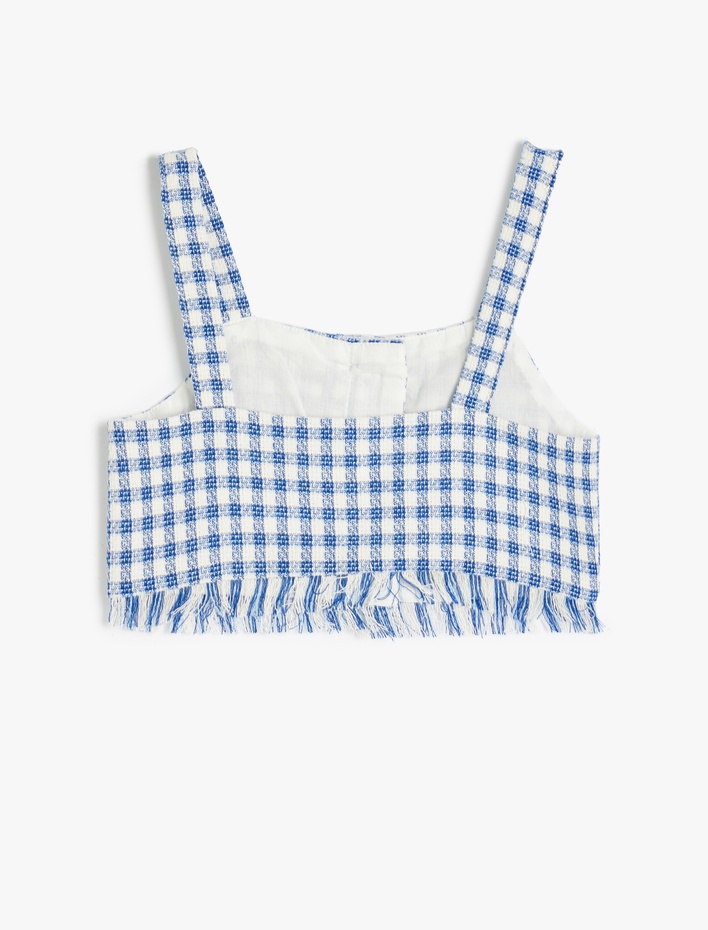 Kız Çocuk Kare Yaka Ekose Desenli Tüvit Crop Bluz
