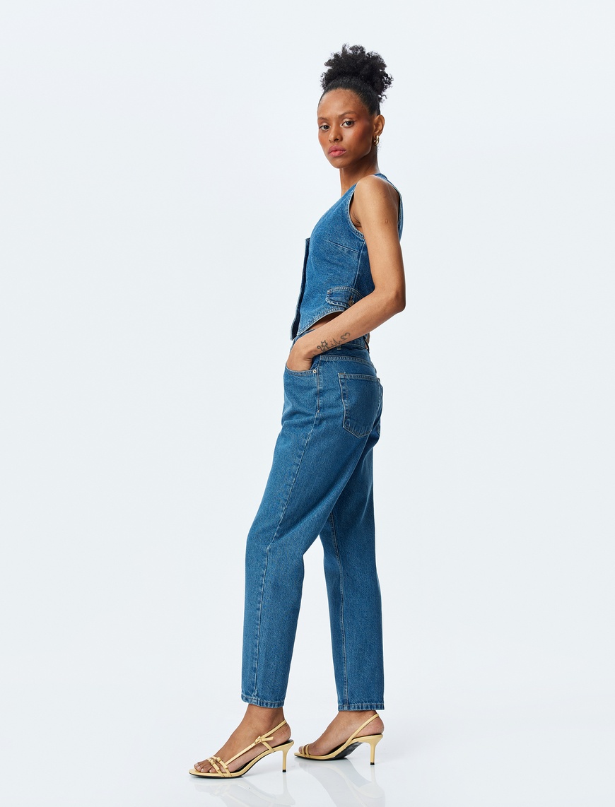   Yüksek Bel Crop Düz Paça Mom Fit Denim Pantolon - Mom Jean