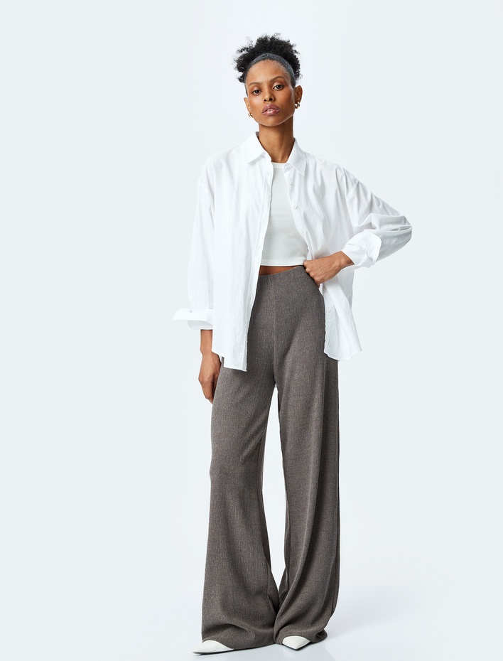  Standart Bel Dokulu Uzun Geniş Paça Pantolon