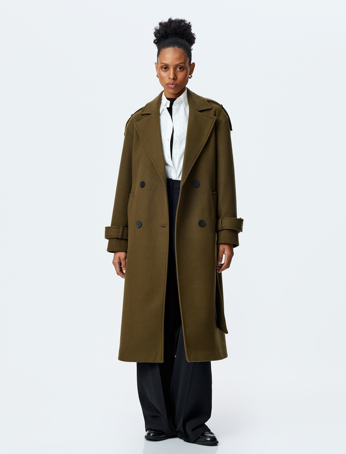  Cepli Kemerli Kruvaze Uzun Kaşe Kaban