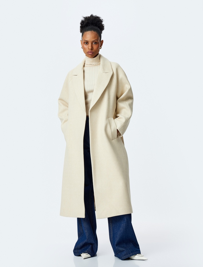  Kemer Detaylı Cepli Ekstra Uzun Kaşe Kaban