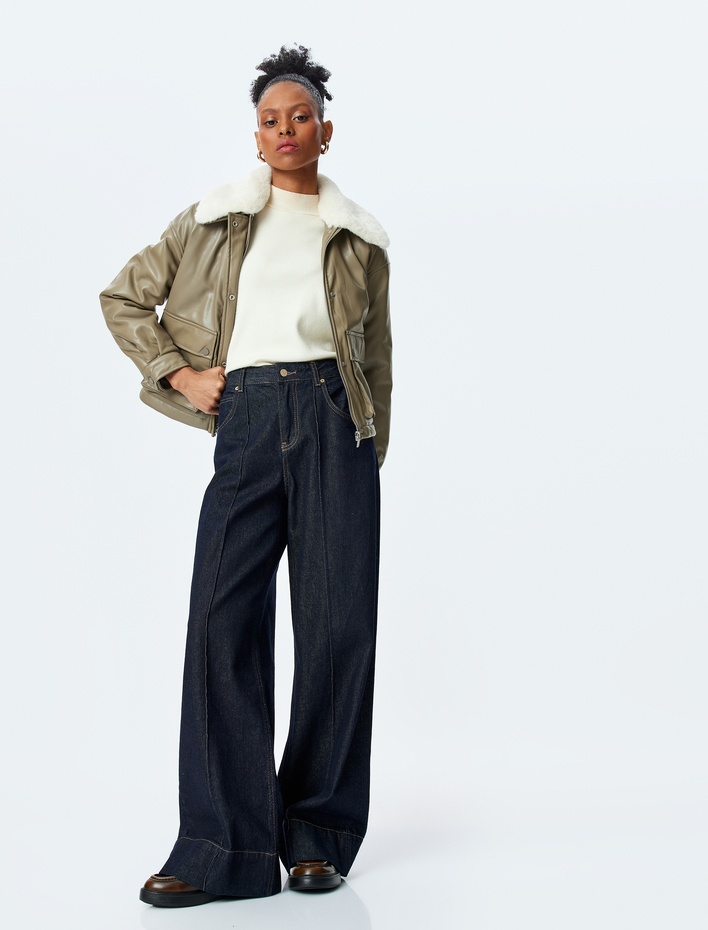  Çıkarılabilir Suni Kürk Yakalı Suni Deri Bomber Mont