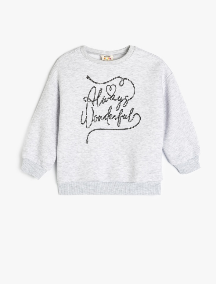 Kız Çocuk Slogan Baskılı Bisiklet Yaka Uzun Kollu Şardonlu Sweatshirt