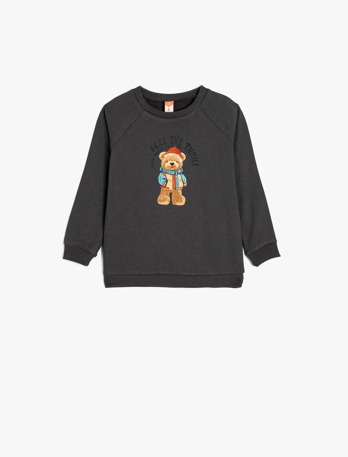 Erkek Bebek Ayıcık Baskılı Uzun Kollu Bisiklet Yaka Pamuklu Şardonlu Sweatshirt