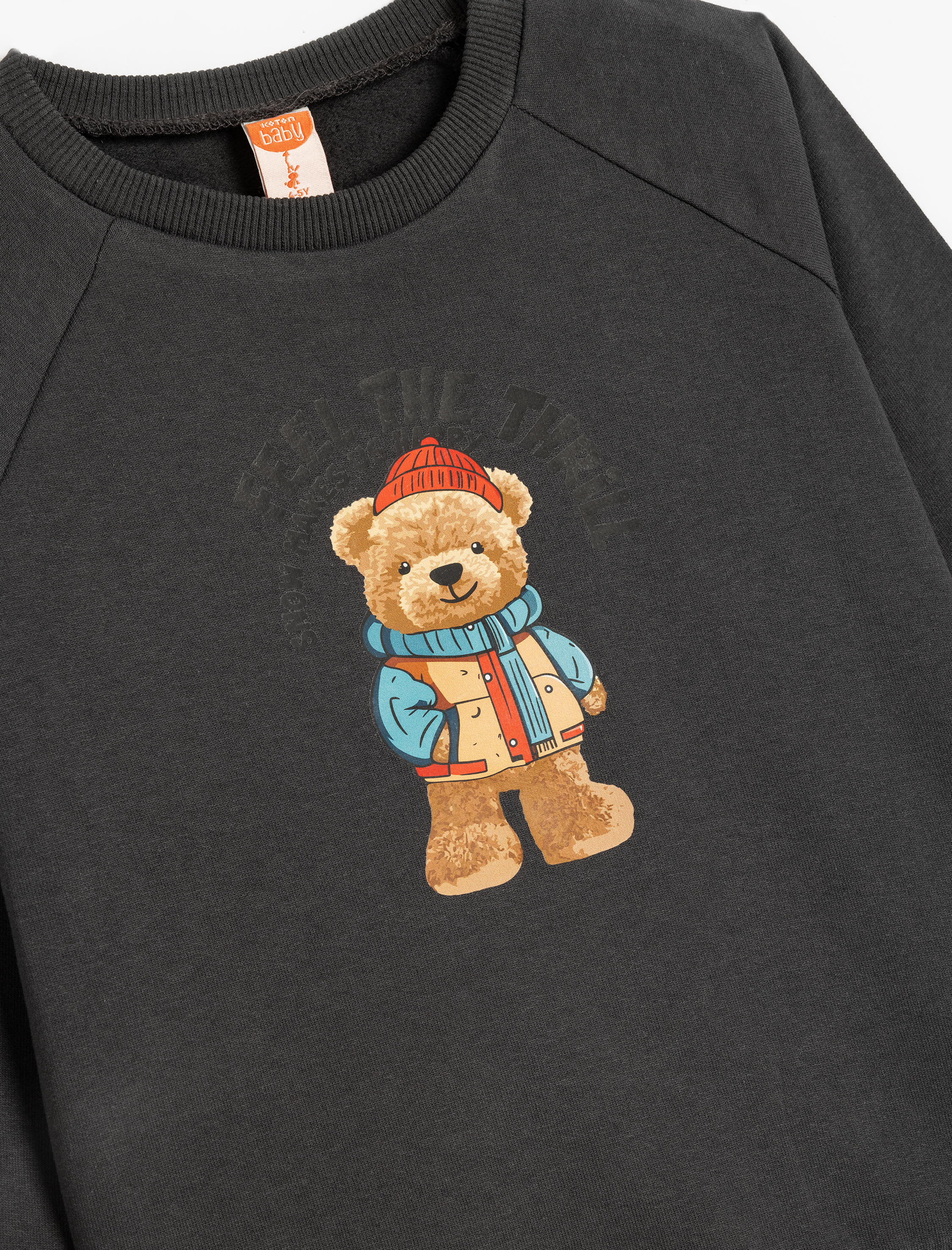  Erkek Bebek Ayıcık Baskılı Uzun Kollu Bisiklet Yaka Pamuklu Şardonlu Sweatshirt