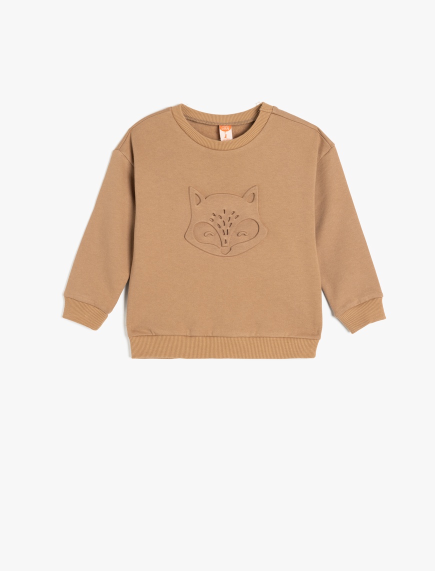  Erkek Bebek Pamuklu Uzun Kollu Bisiklet Yaka Kabartma Baskılı Şardonlu Sweatshirt