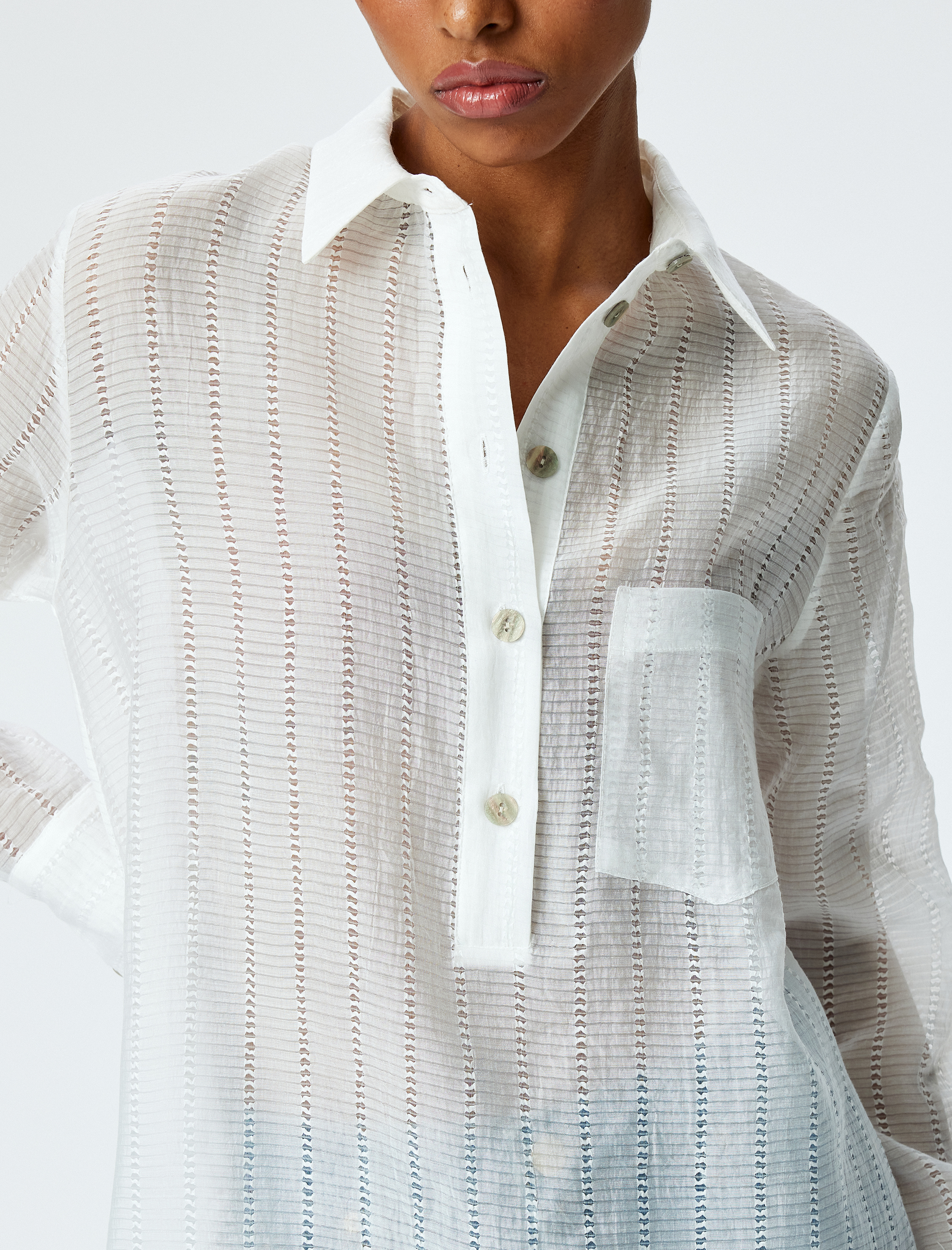 Uzun Kollu Gömlek Yaka Yarı Transparan Oversize Uzun Tunik