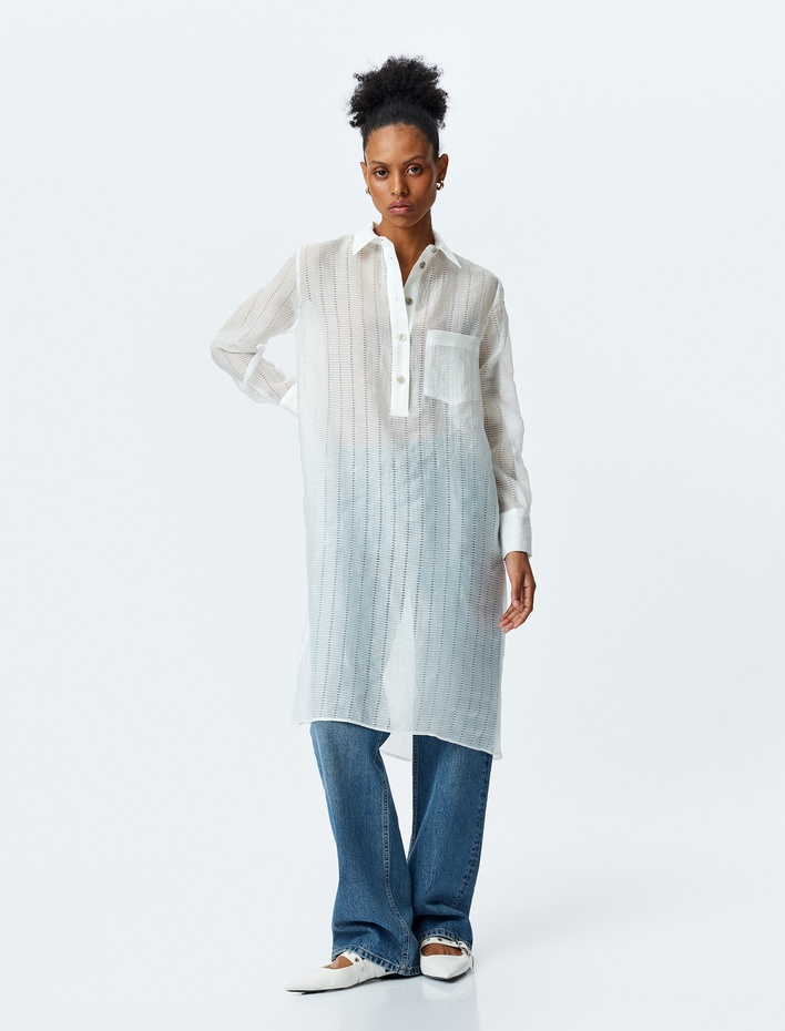  Uzun Kollu Gömlek Yaka Yarı Transparan Oversize Uzun Tunik