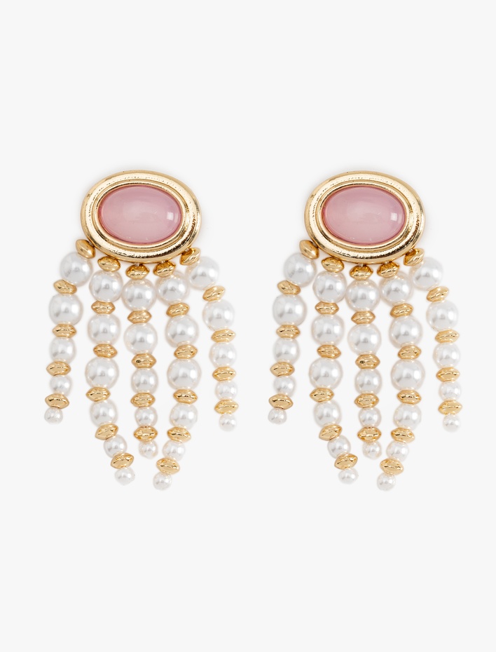 Kadın İnci Detaylı Sallantılı Taşlı Oval Küpe - Koton X Melis Ağazat