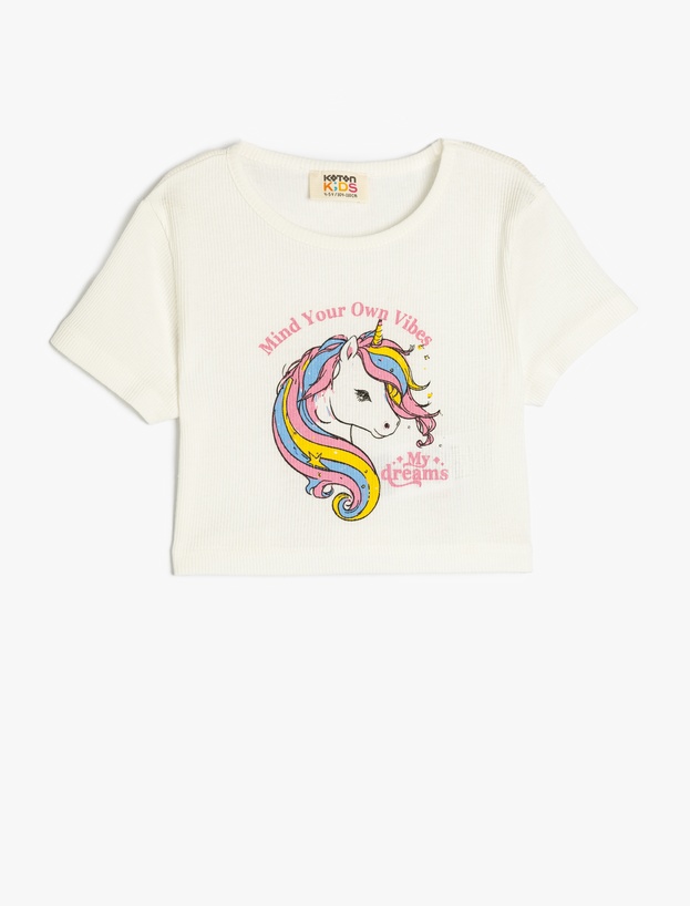 Pamuklu Bisiklet Yaka Kısa Kollu Unicorn Baskılı Crop Tişört_0