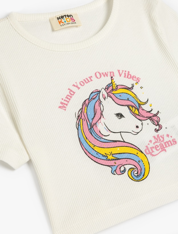 Pamuklu Bisiklet Yaka Kısa Kollu Unicorn Baskılı Crop Tişört_2