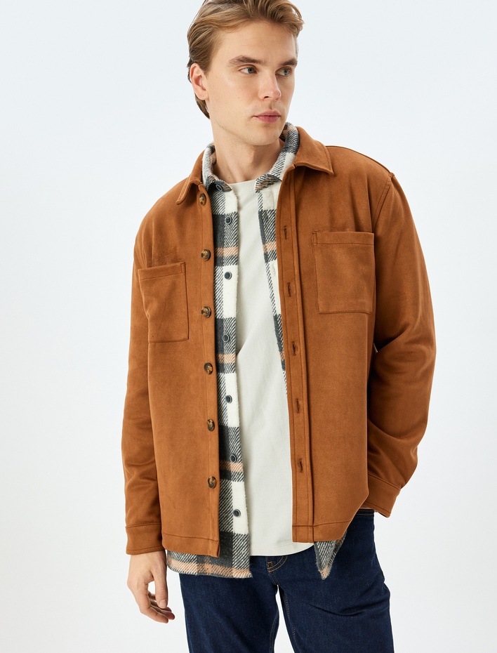  Cep Detaylı Uzun Kollu Düğmeli Suni Süet Gömlek Ceket