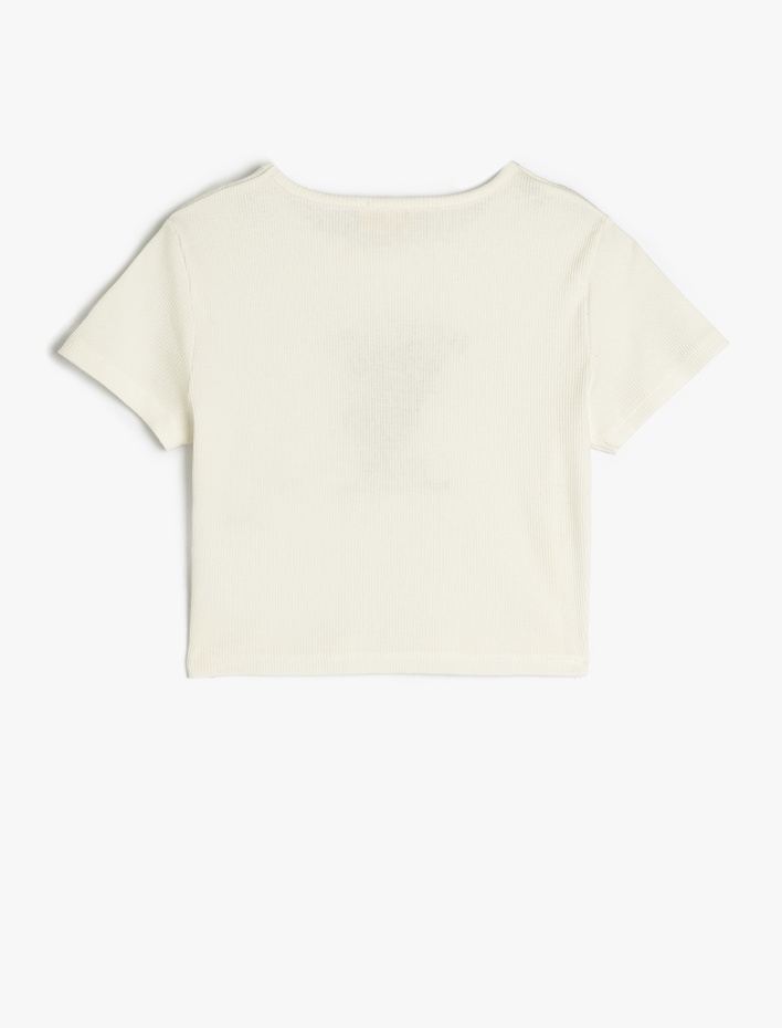 Kız Çocuk Bisiklet Yaka Kısa Kollu Koala Baskı Detaylı Pamuklu Crop Tişört