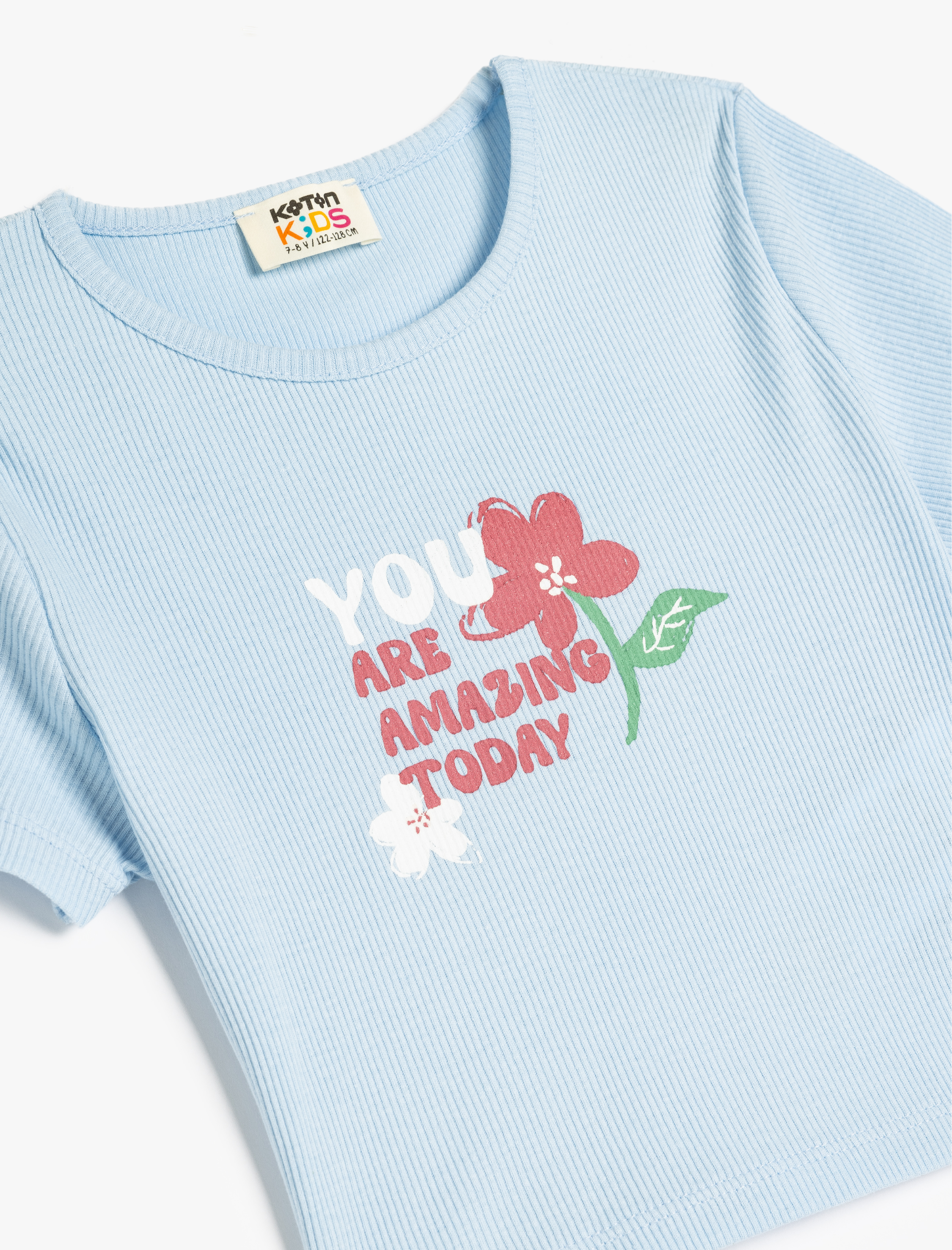  Kız Çocuk Çiçek Baskılı Kısa Kollu Bisiklet Yaka Pamuklu Crop Tişört