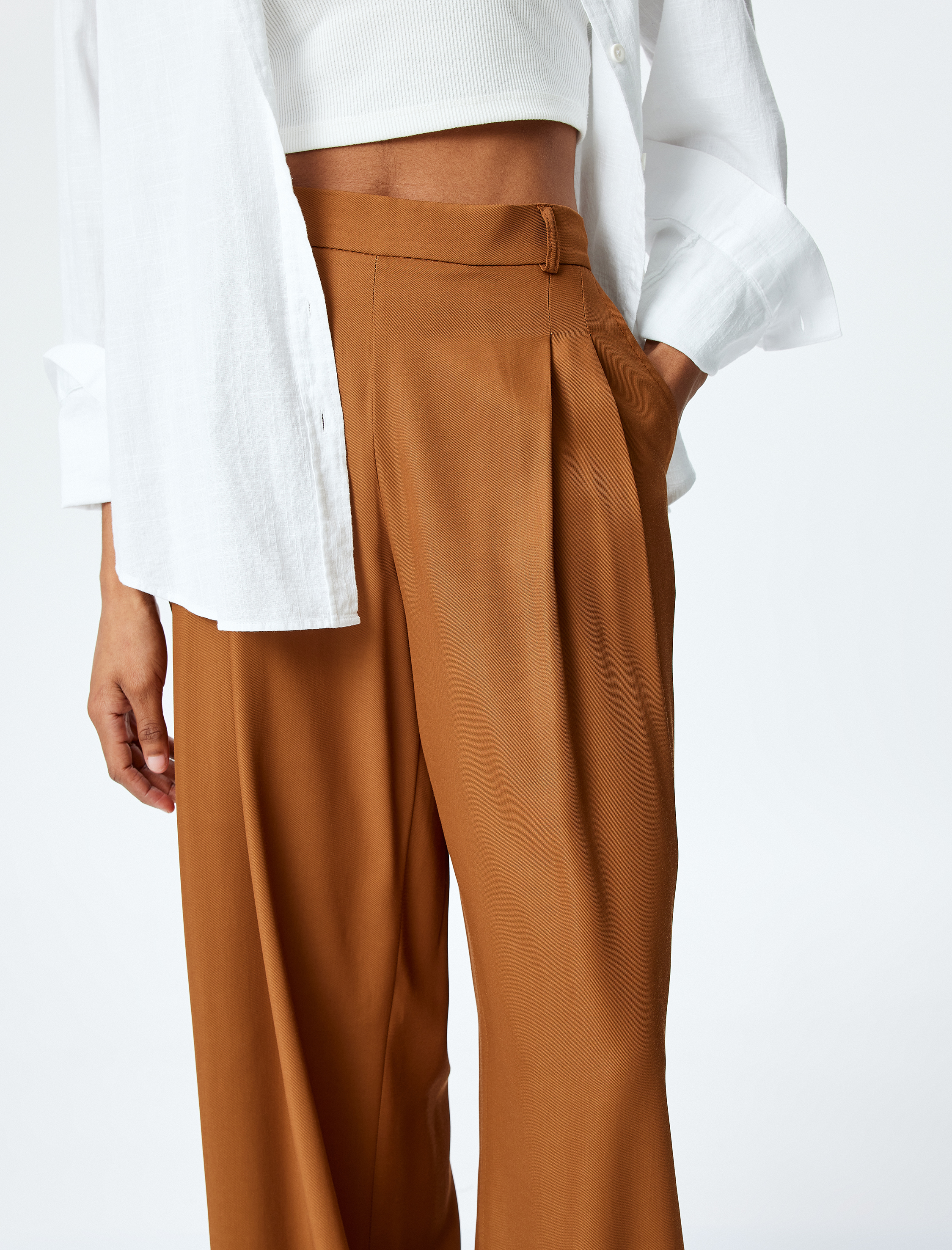 Pile Detaylı Cepli Yüksek Bel Viskon Palazzo Pantolon