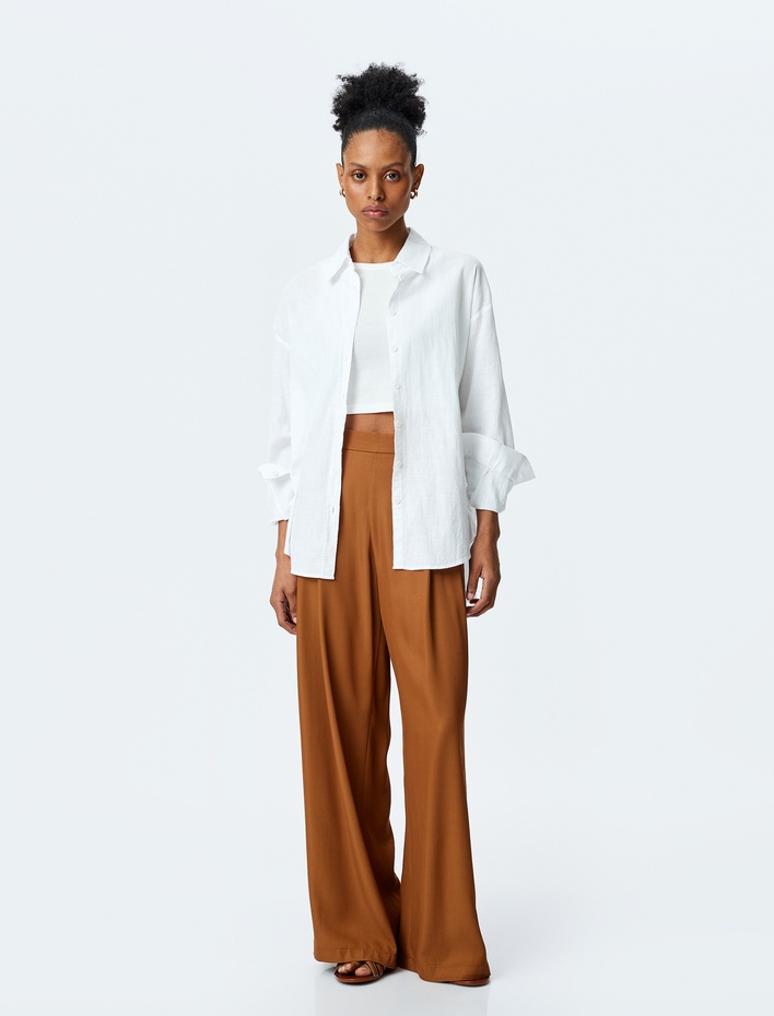  Pile Detaylı Cepli Yüksek Bel Viskon Palazzo Pantolon