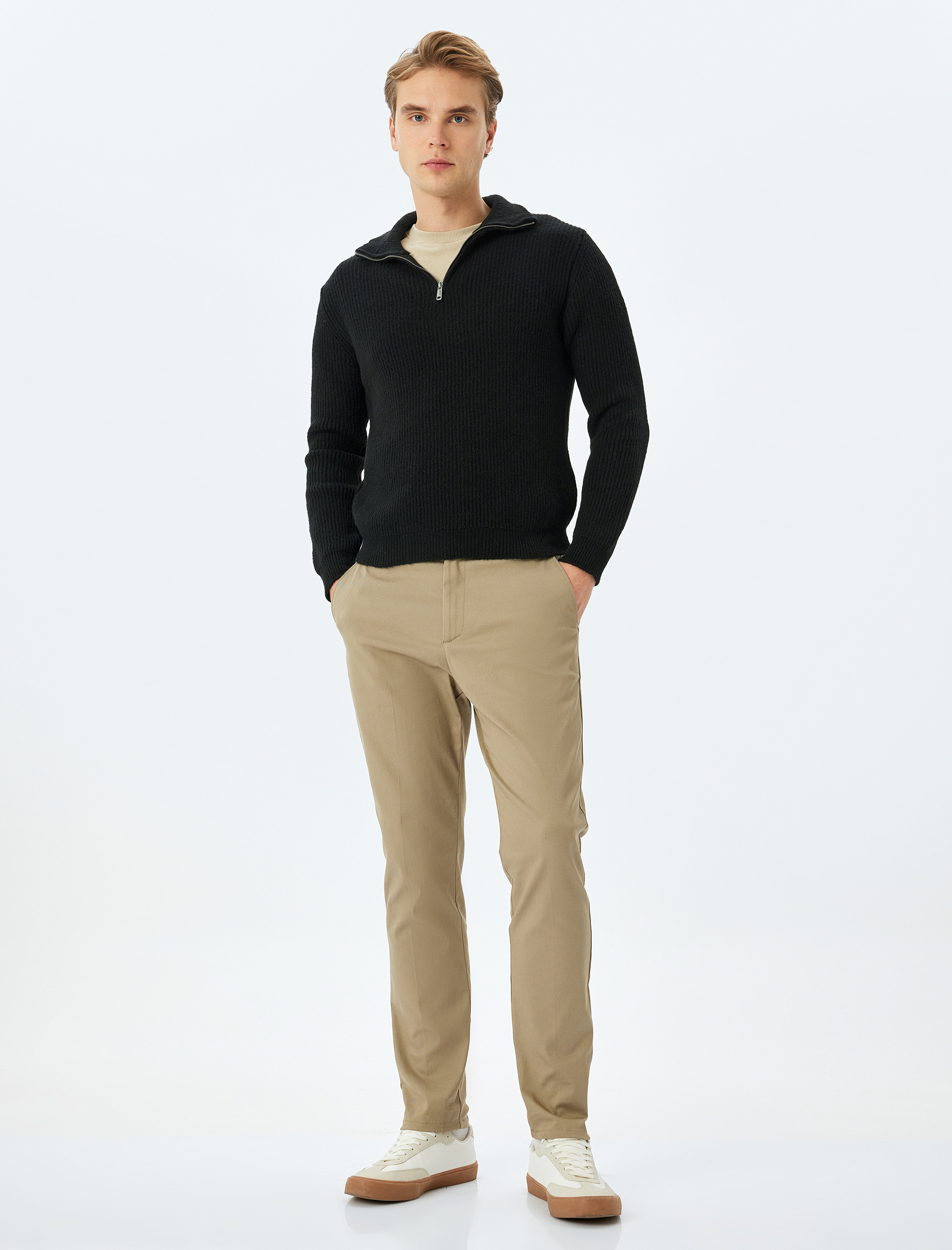   Uzun Kollu Basic Yarım Fermuarlı Kışlık Triko Kazak