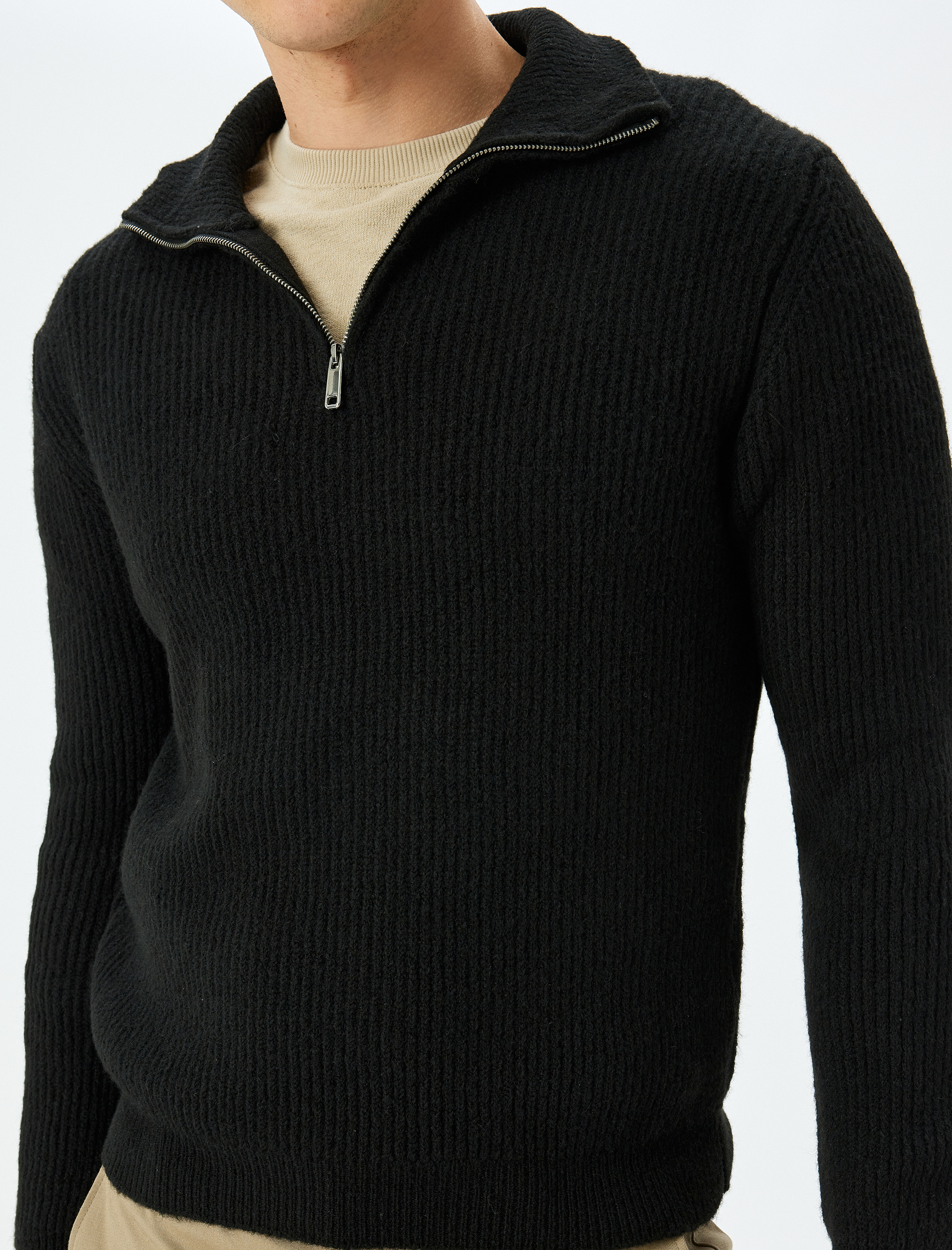   Uzun Kollu Basic Yarım Fermuarlı Kışlık Triko Kazak