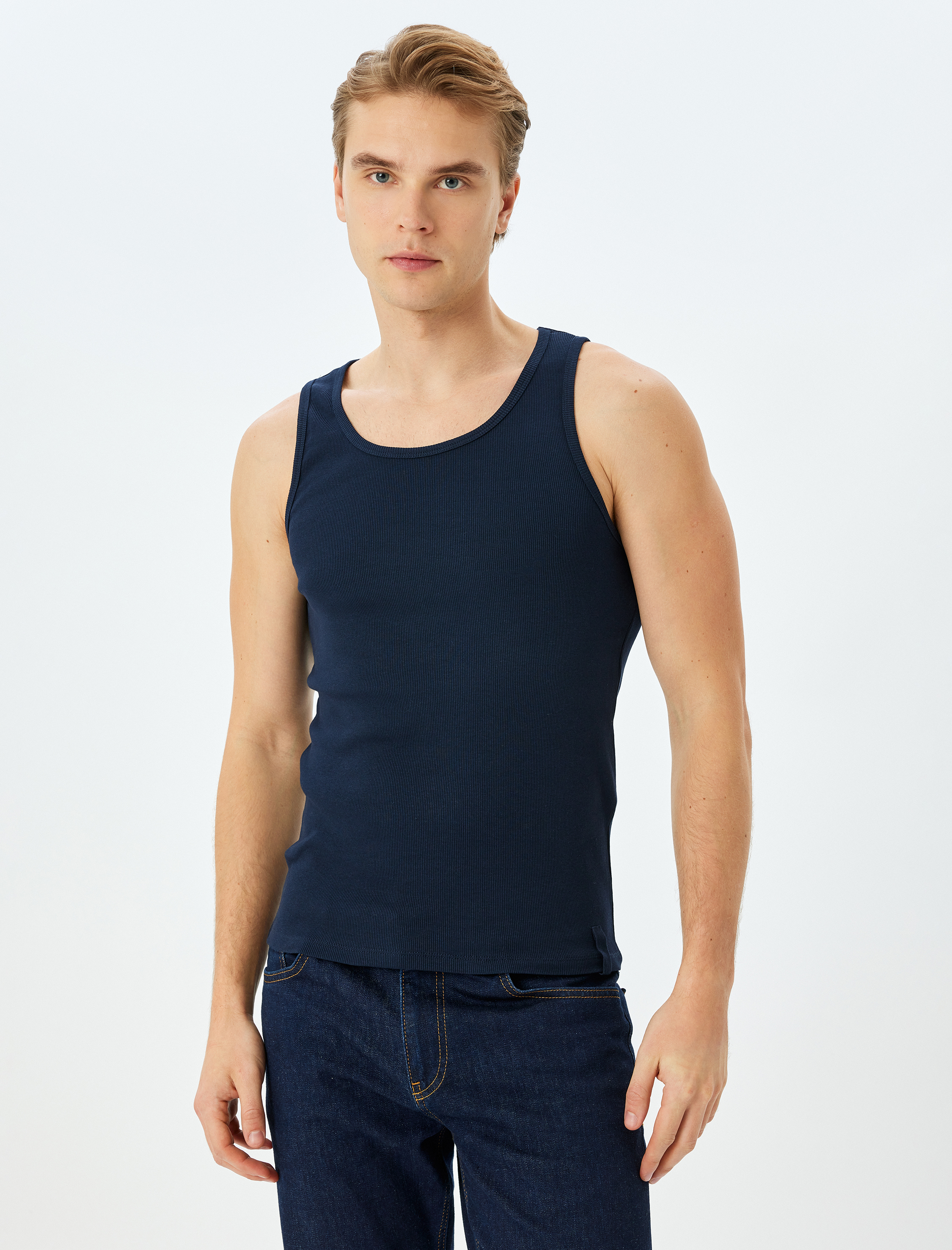   Bisiklet Yaka Slim Fit Kolsuz Fitilli Basic Atlet