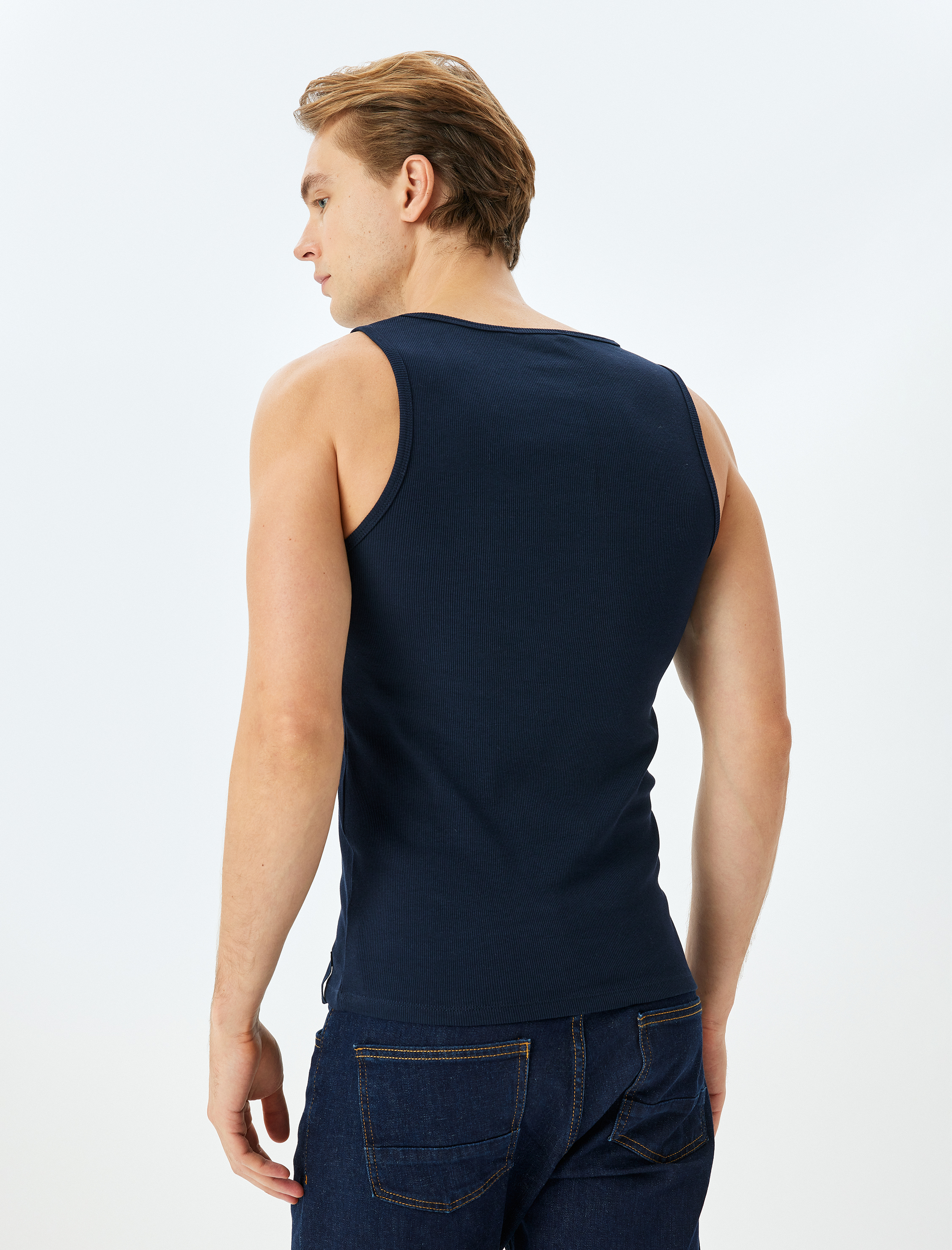   Bisiklet Yaka Slim Fit Kolsuz Fitilli Basic Atlet