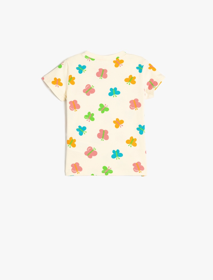 Kız Bebek Kelebek Baskılı Bisiklet Yaka Kısa Kollu Pamuklu Tişört
