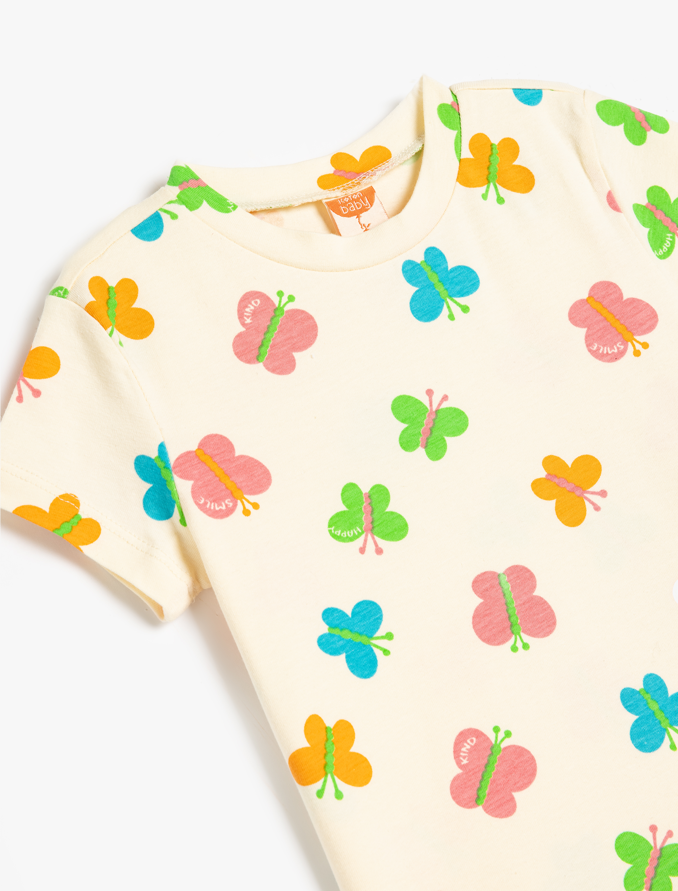  Kız Bebek Kelebek Baskılı Bisiklet Yaka Kısa Kollu Pamuklu Tişört