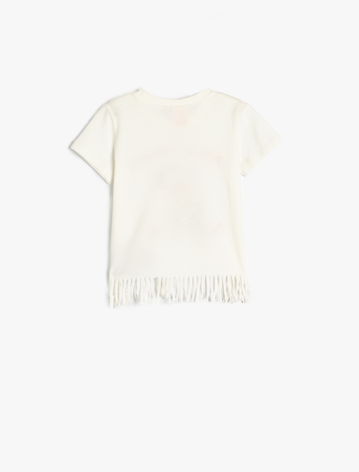 Kız Bebek Püskül Detaylı Baskılı Pamuklu Bisiklet Yaka Kısa Kollu Tişört