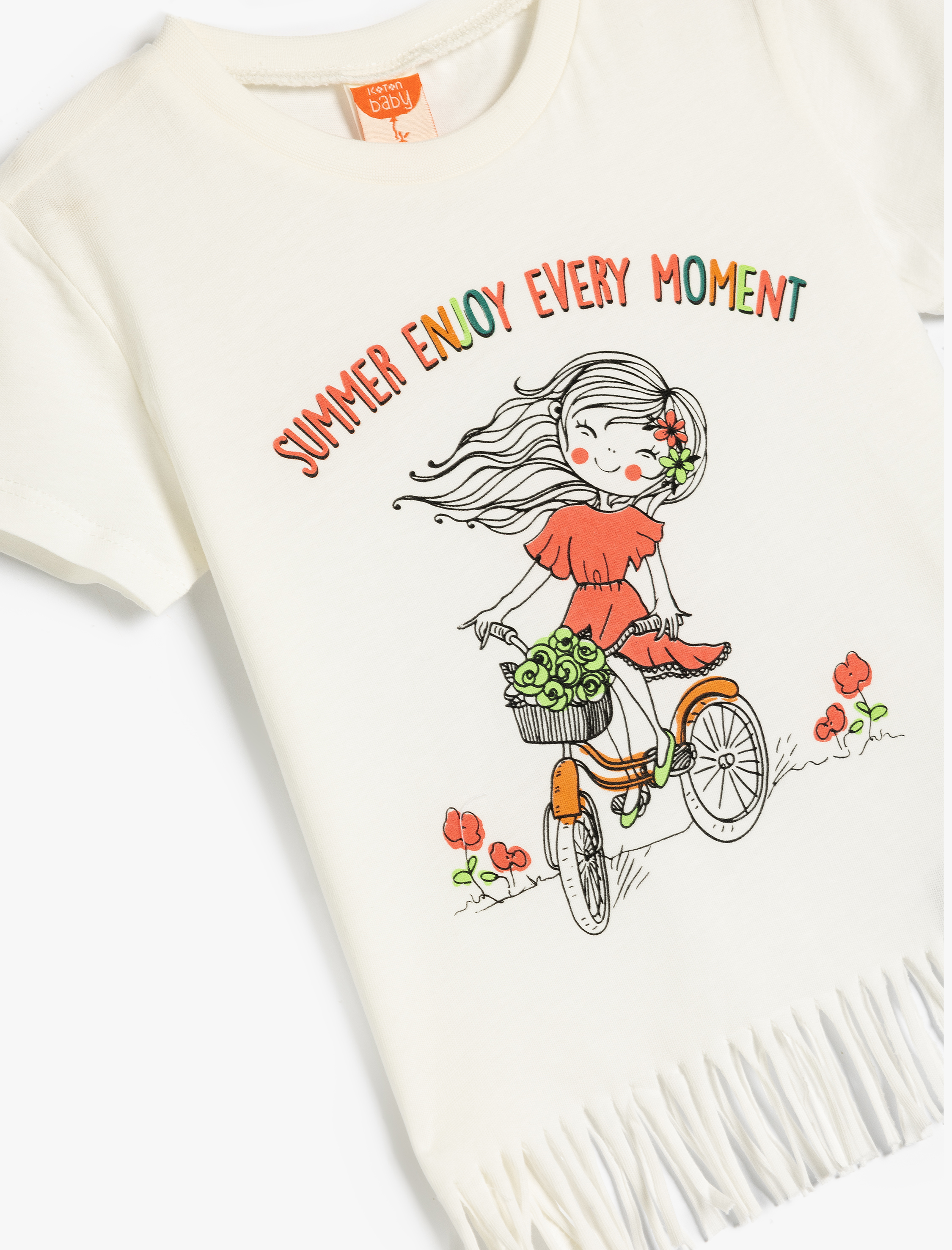  Kız Bebek Püskül Detaylı Baskılı Pamuklu Bisiklet Yaka Kısa Kollu Tişört