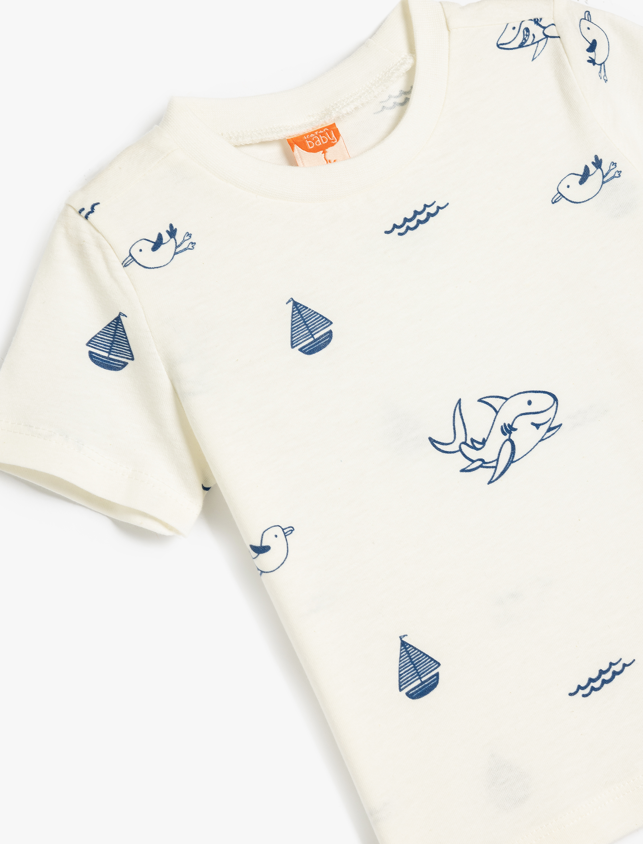  Erkek Bebek Deniz Temalı Baskılı Pamuklu Kısa Kollu Tişört