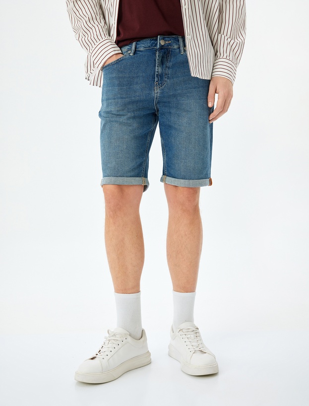 Katlamalı Paça Bermuda Slim Fit Jean Şort_2